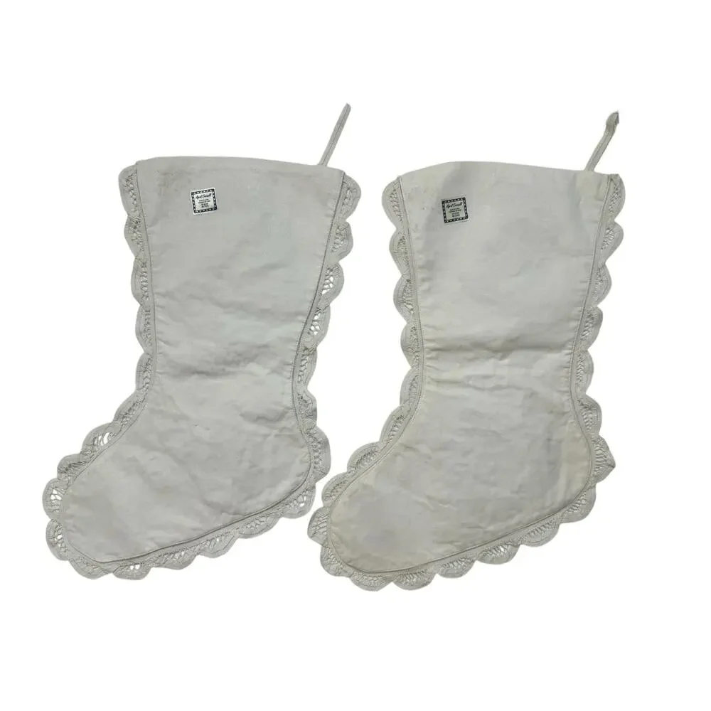 APRIL CORNELL Christmas Stocking Decoration White Lace Sequin Appliqués Set of 2